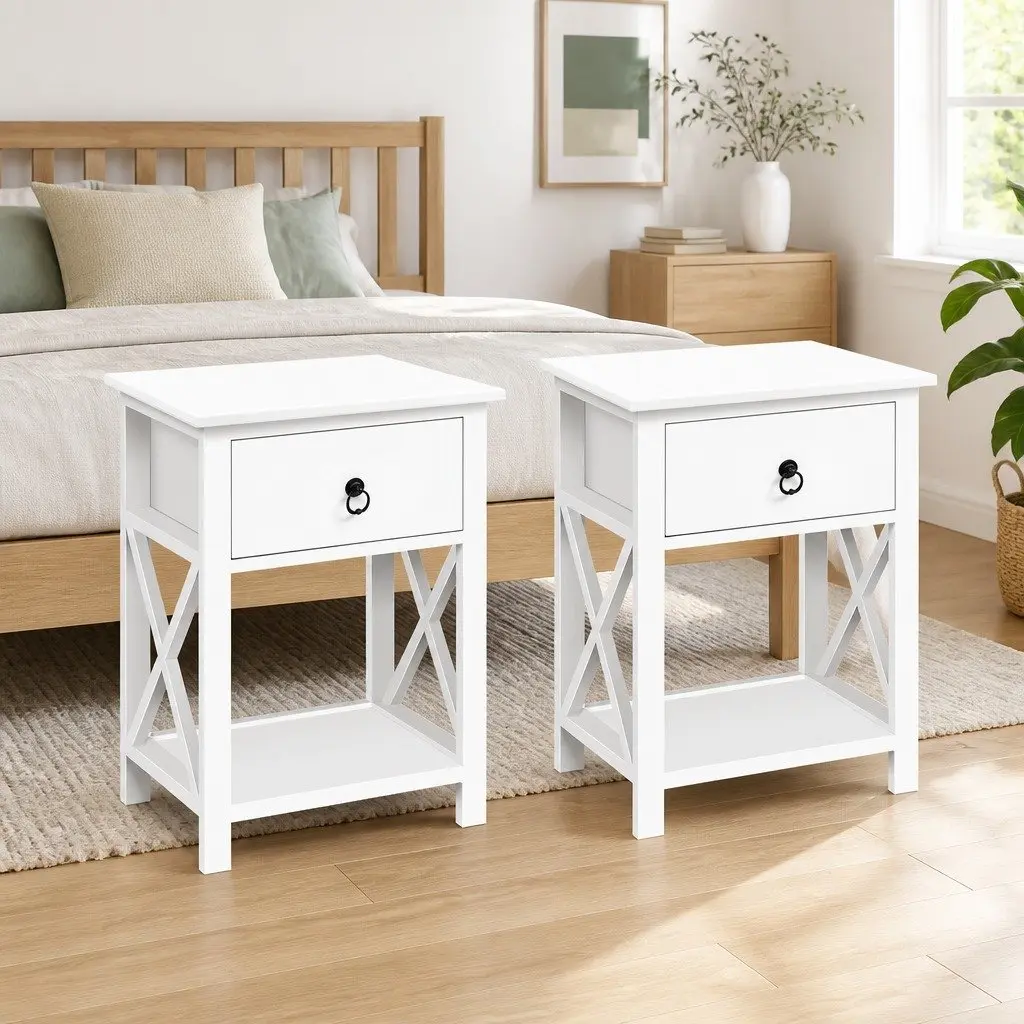 Rustic White Nightstand with 1 Drawer and Shelf