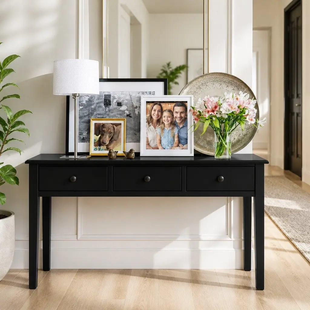 Black Console Table with 3 Drawers