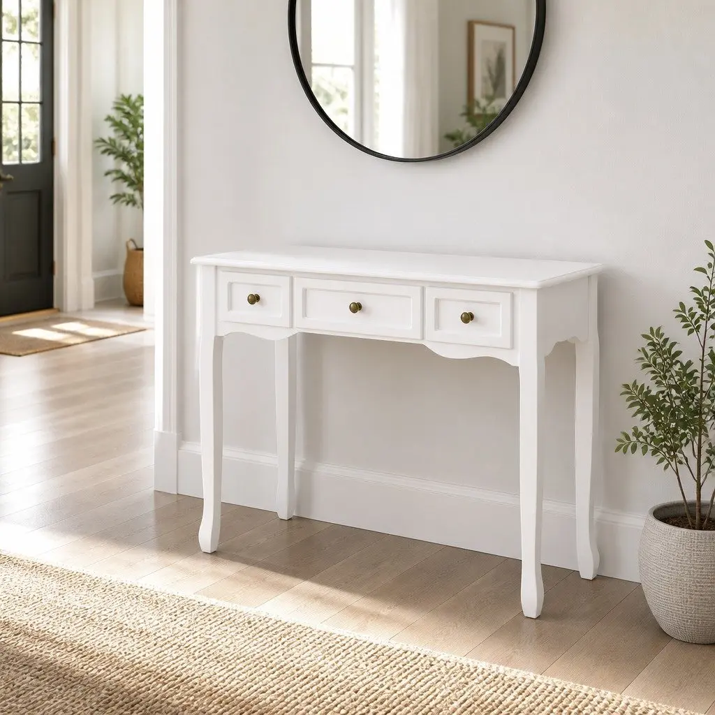 Console Table with 3 Drawers in White Finish