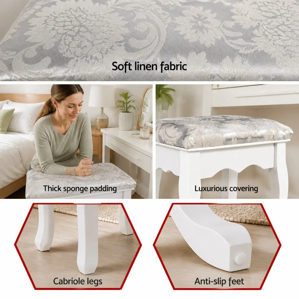 Dressing Stool Linen Fabric White Velvet Padded Cushion Bedroom Vanity Seat