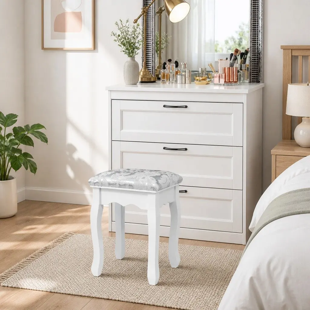 Dressing Stool Linen Fabric White Velvet Padded Cushion Bedroom Vanity Seat