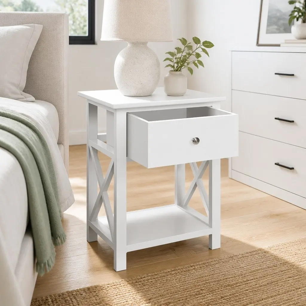 White Bedside Table with Drawer and Shelf