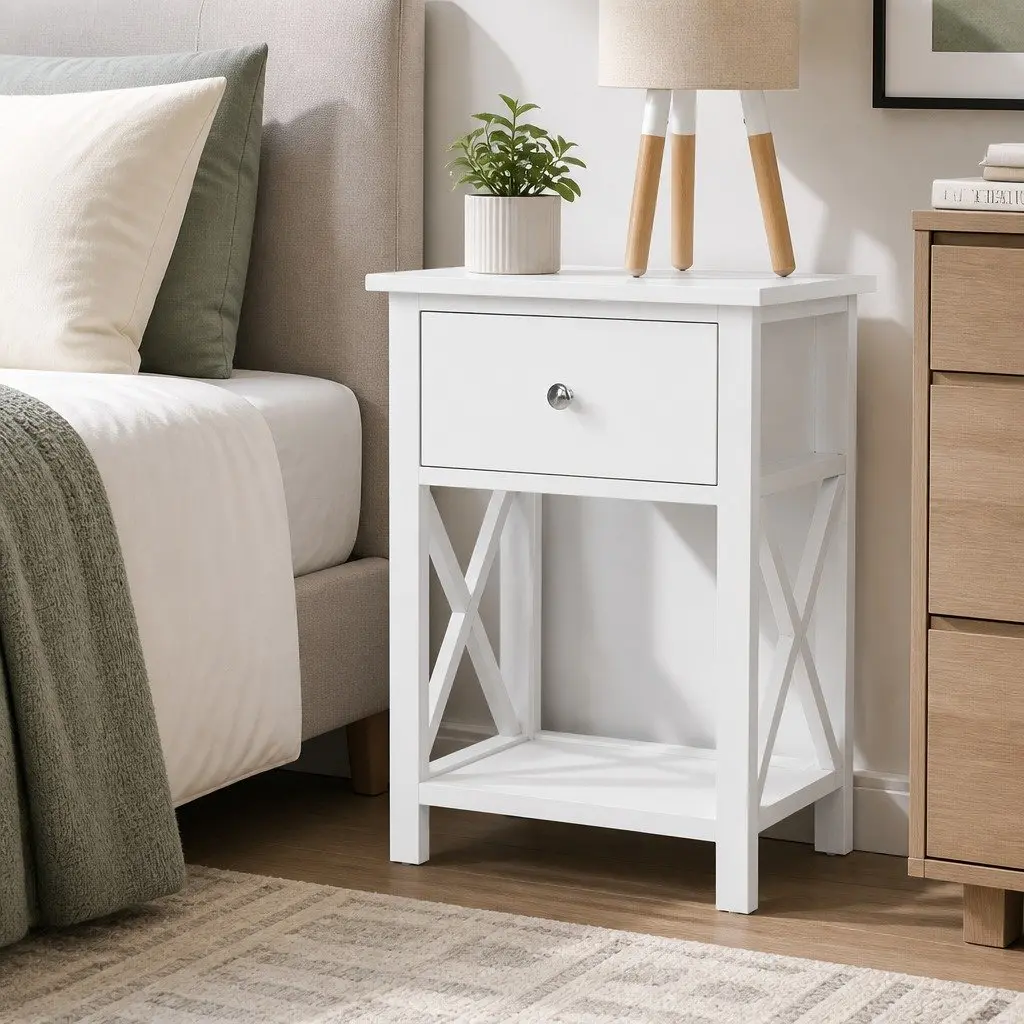 White Bedside Table with Drawer and Shelf