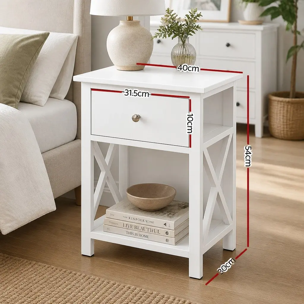 White Bedside Table with Drawer and Shelf