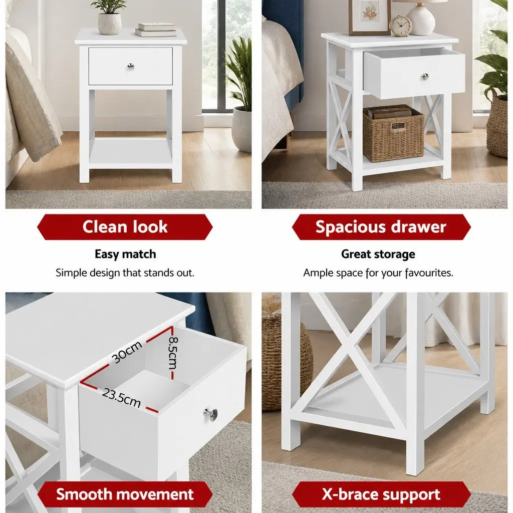 White Bedside Table with Drawer and Shelf