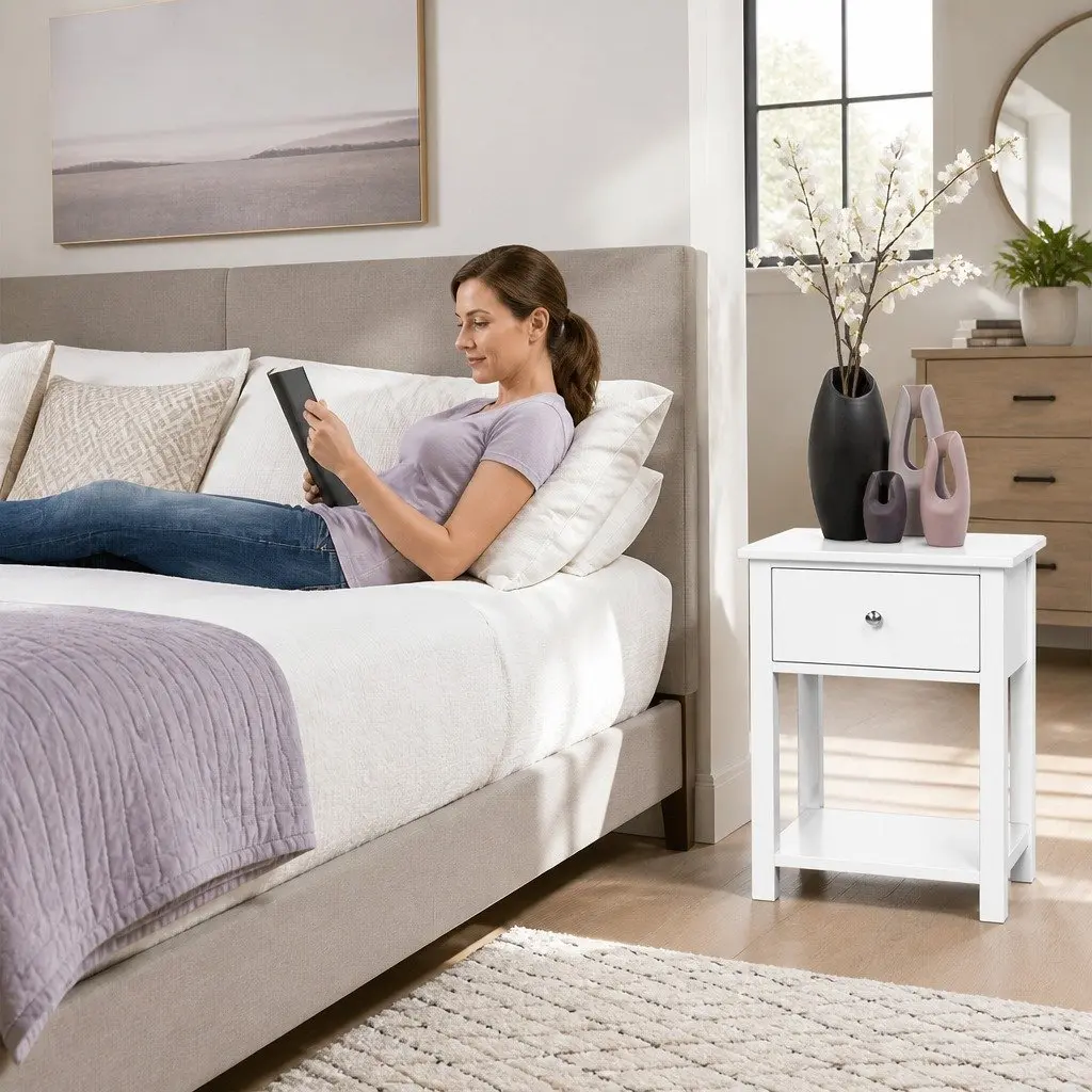 White Bedside Table with Drawer and Shelf