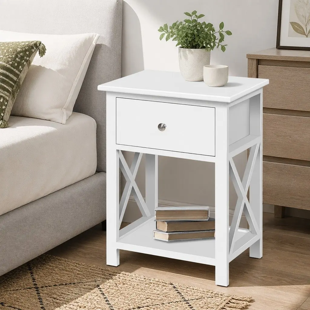 White Bedside Table with Drawer and Shelf