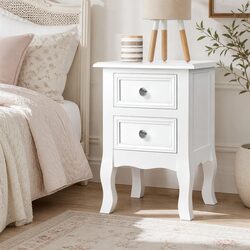 White Bedside Table with 2 Drawers and Curved Legs