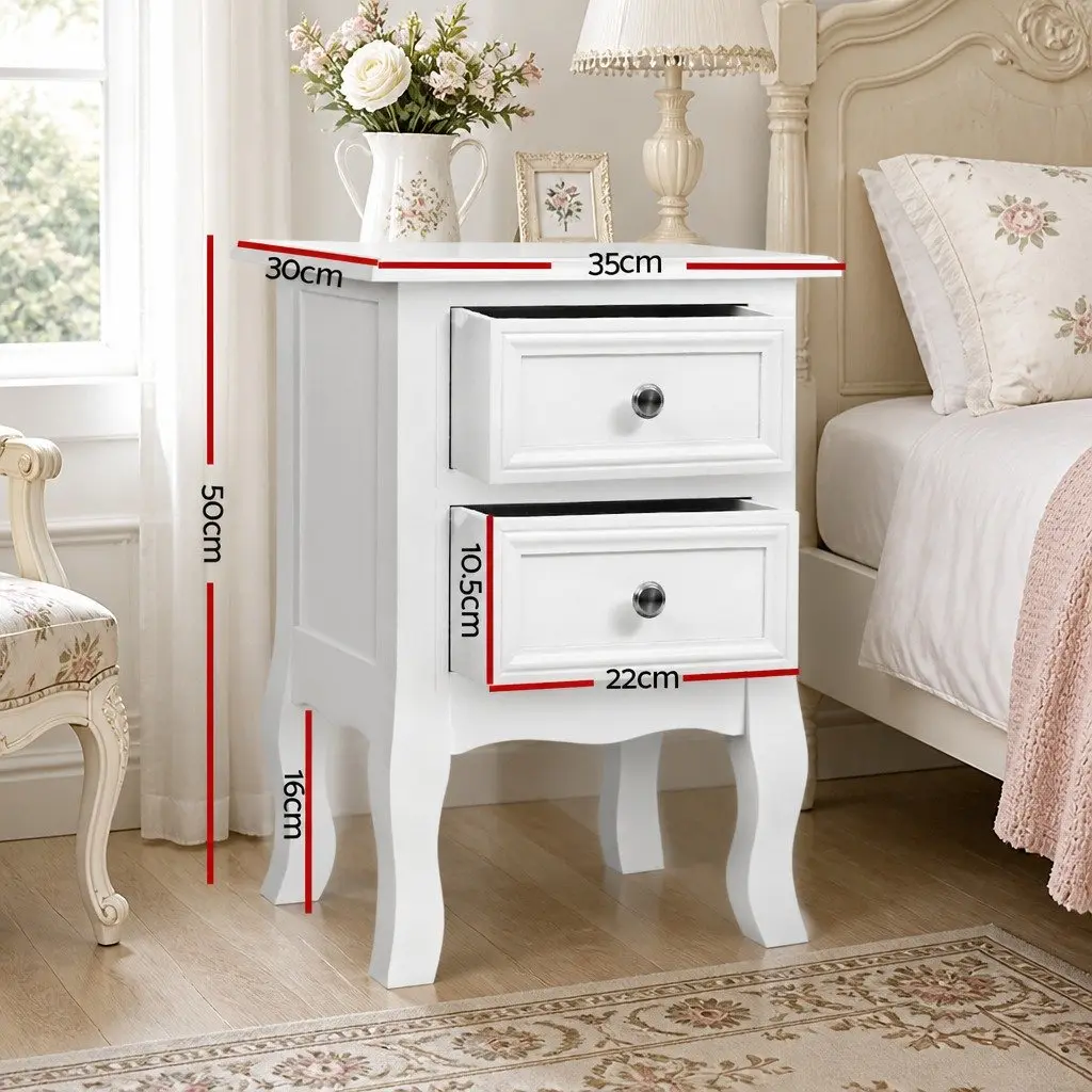 White Bedside Table with 2 Drawers and Curved Legs
