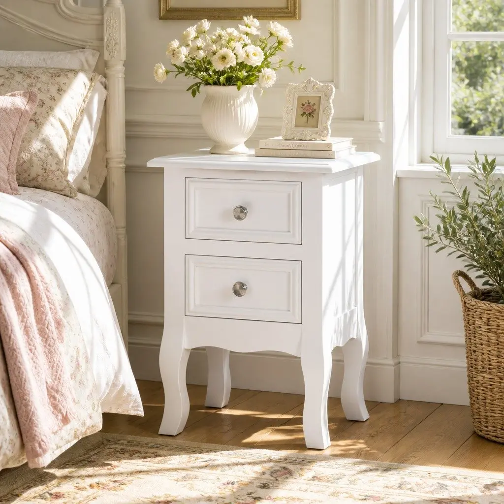 White Bedside Table with 2 Drawers and Curved Legs