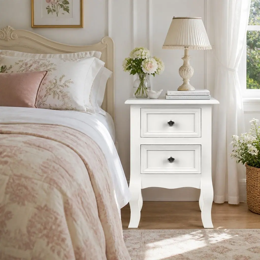 White Bedside Table with 2 Drawers and Curved Legs
