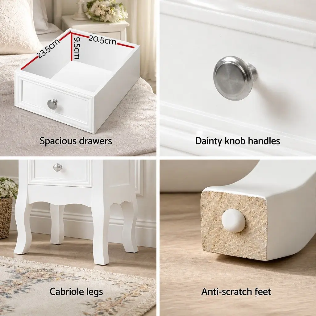 White Bedside Table with 2 Drawers and Curved Legs