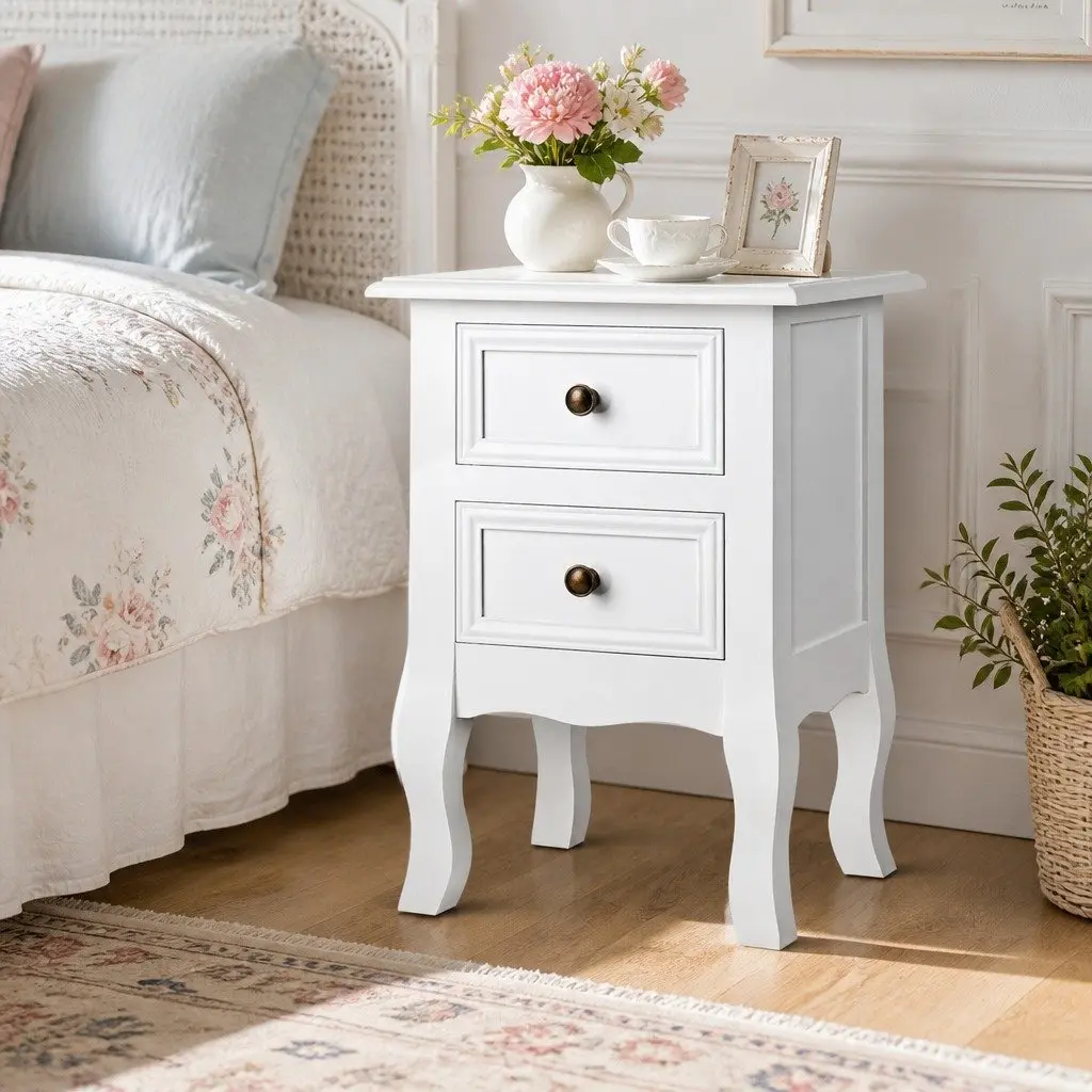 White Bedside Table with 2 Drawers and Curved Legs