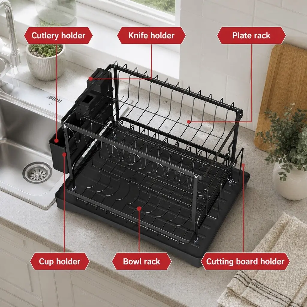 2 Tier Expandable Dish Rack with Cutlery Holder