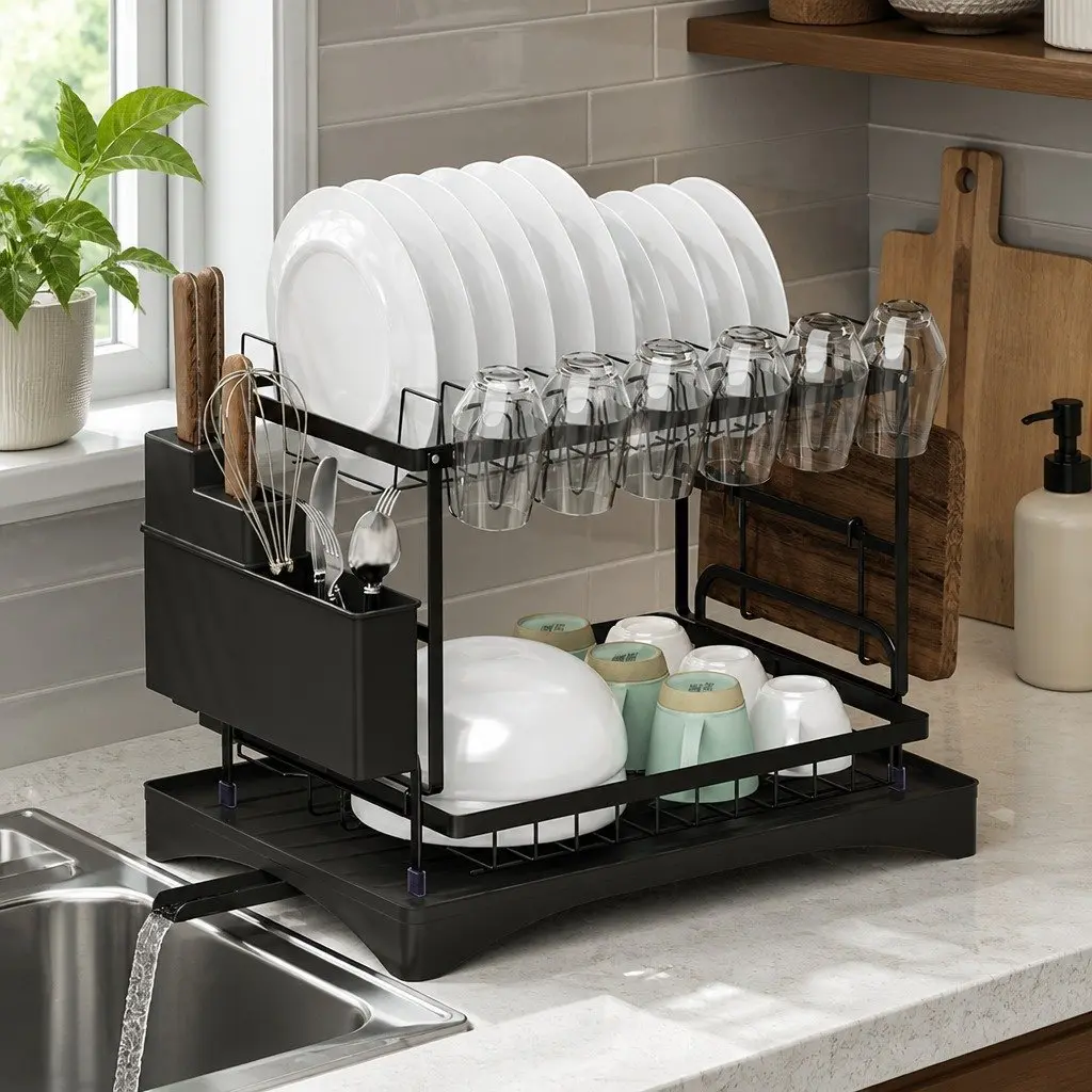 2 Tier Expandable Dish Rack with Cutlery Holder