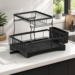 2 Tier Dish Rack Expandable Kitchen Drying Drainer with Cutlery Holder Black
