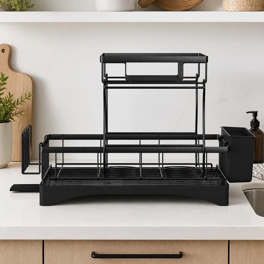 2 Tier Dish Rack Expandable Kitchen Drying Drainer with Cutlery Holder Black