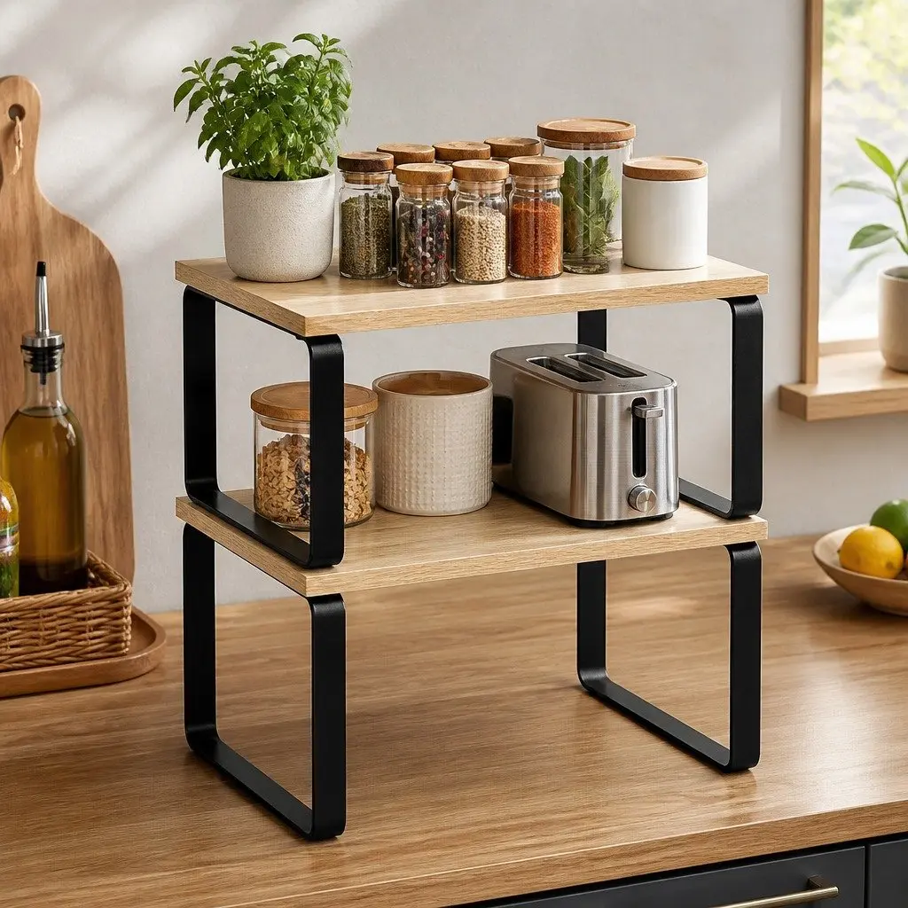 Set of 2 Pine Wood and Metal Kitchen Storage Shelves