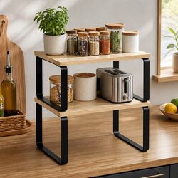 Set of 2 Pine Wood and Metal Kitchen Storage Shelves
