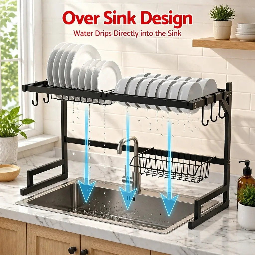 Dish Drying Rack Carbon Steel 2 Tier Over Sink Black
