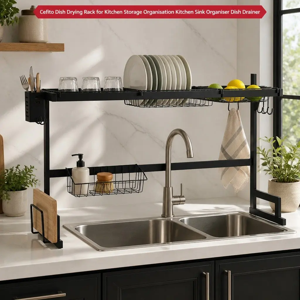 Dish Drying Rack Carbon Steel 2 Tier Over Sink Organiser Black