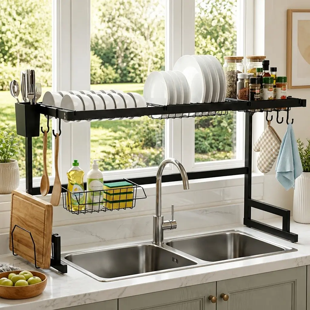 Dish Drying Rack Carbon Steel 2 Tier Over Sink Organiser Black