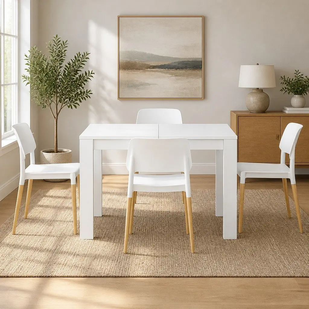 White Wood Dining Table with 4 Chairs Set
