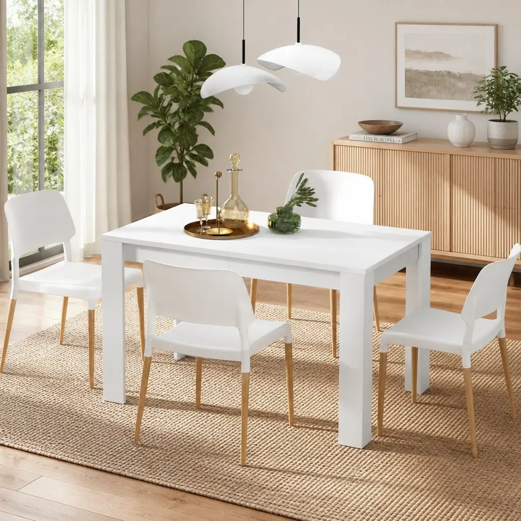 White Wood Dining Table with 4 Chairs Set