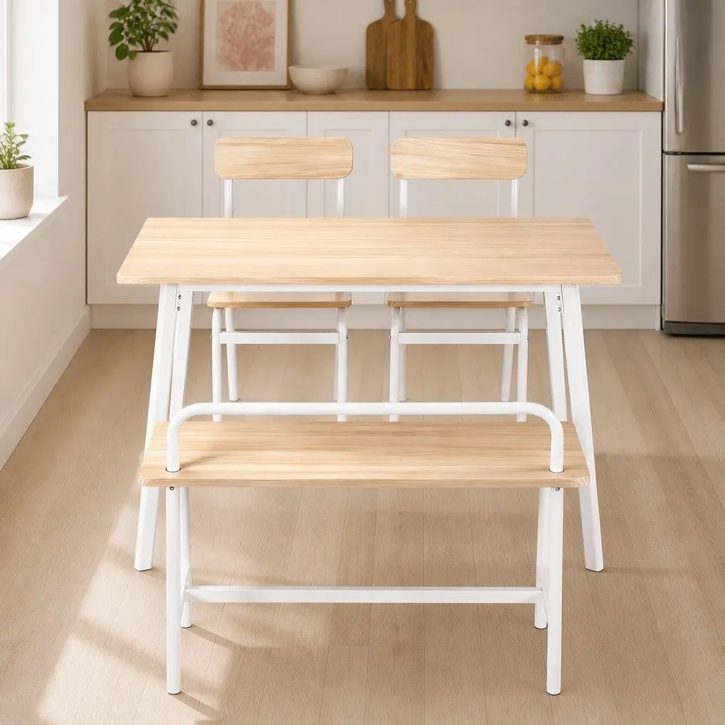 Dining Table and Chairs Set Natural Wood and White Metal 4 Piece