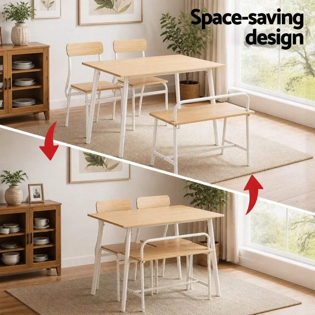 Dining Table and Chairs Set Natural Wood and White Metal 4 Piece