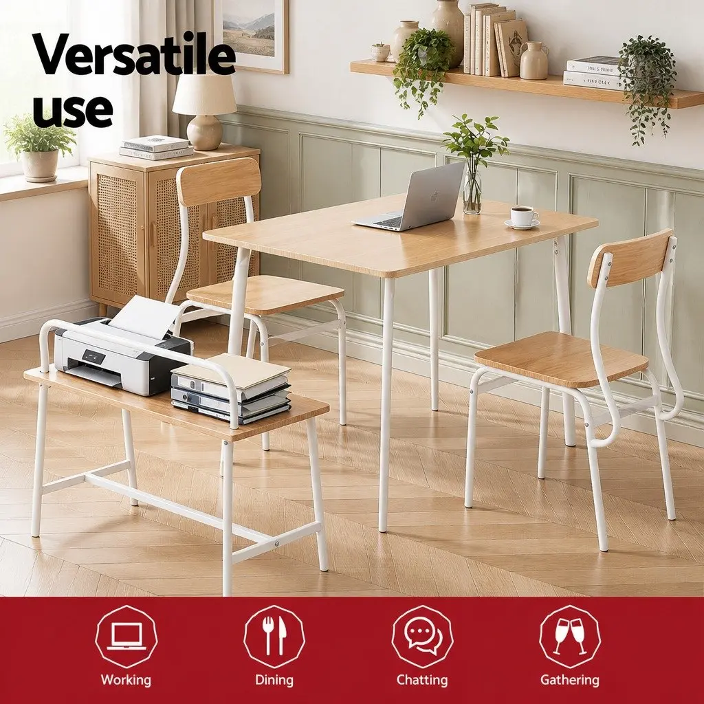 Dining Table and Chairs Set Natural Wood and White Metal 4 Piece