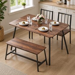 Sturdy Dining Table and Chairs Set with Bench - Rustic Brown