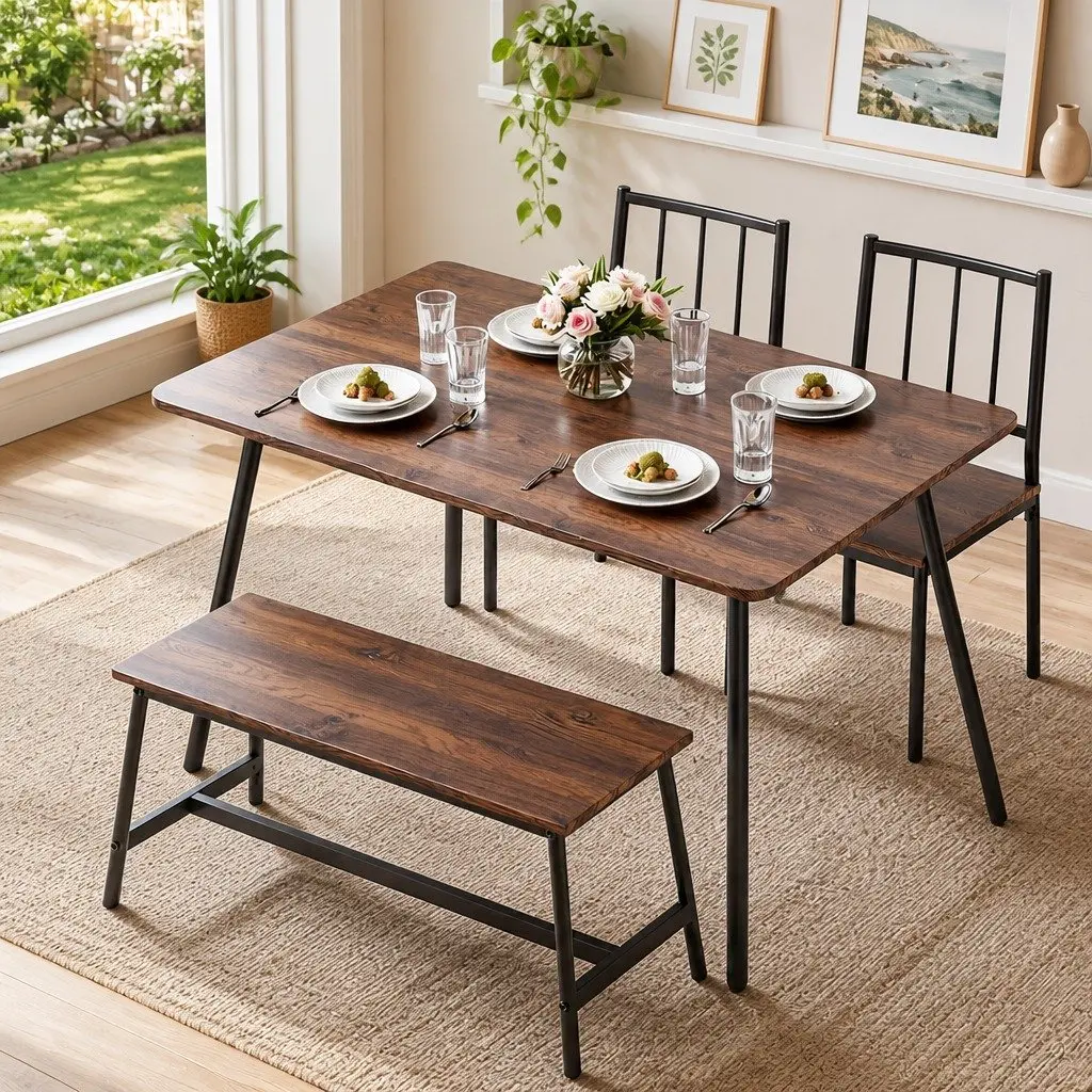 Dining Table and Chairs Set of 4 MDF Powder-coated Metal Rustic Brown Black