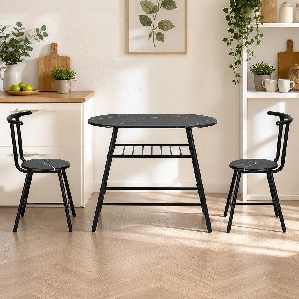 Dining Table Set MDF Powder-coated Metal 3 Piece Black Marble Oval Compact
