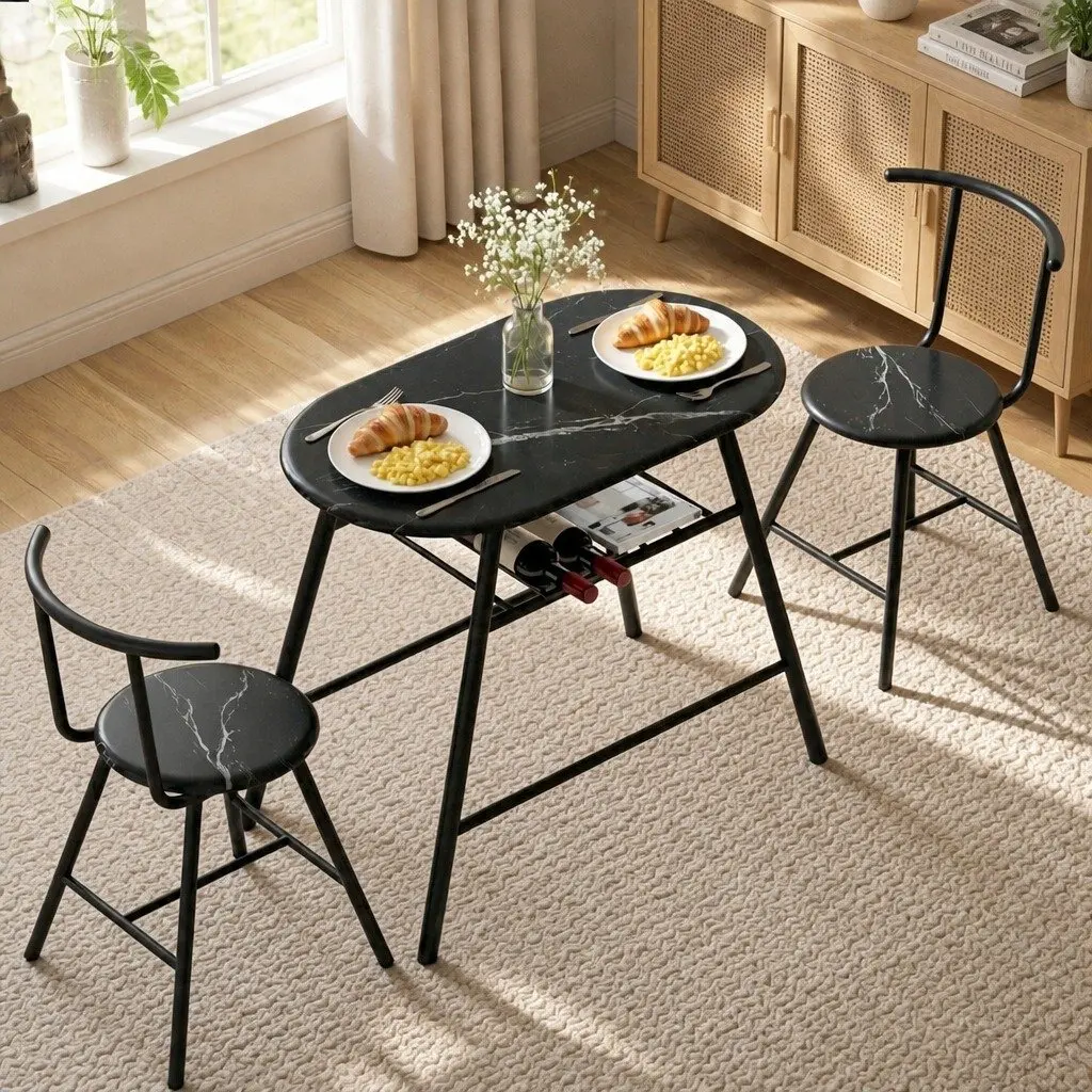 Dining Table Set MDF Powder-coated Metal 3 Piece Black Marble Oval Compact