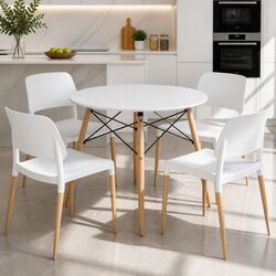 Durable Round Dining Table and 4 Chairs Set in White