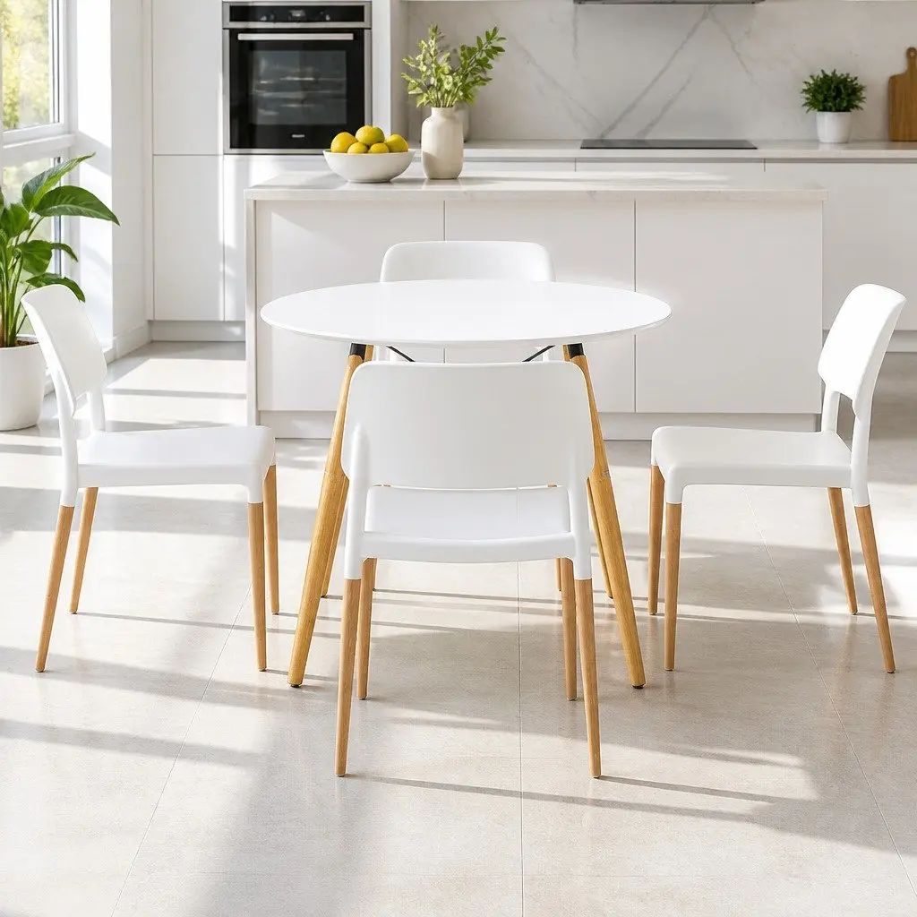 Round Dining Table and 4 Chairs Set in White