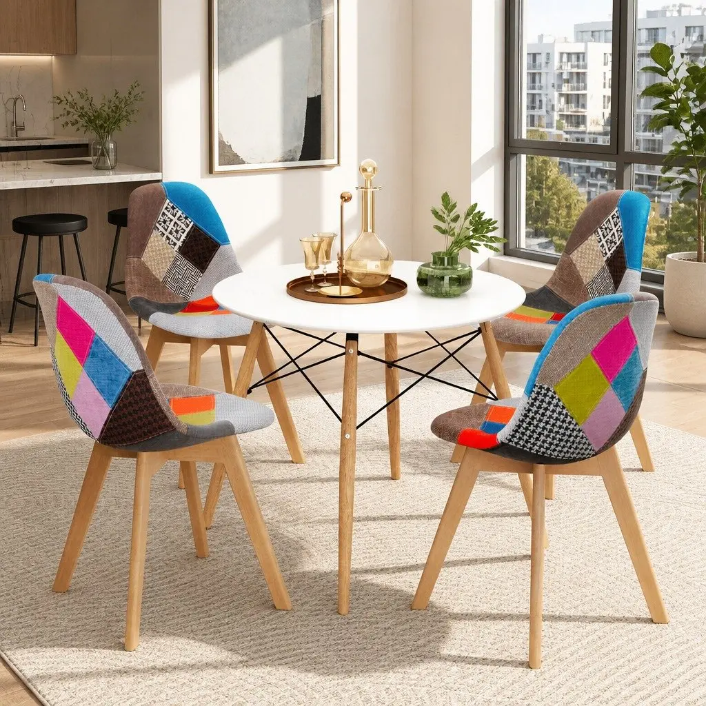 Dining Table and 4 Chairs Set Round 100cm MDF Top Beech Wood Legs Modern Design