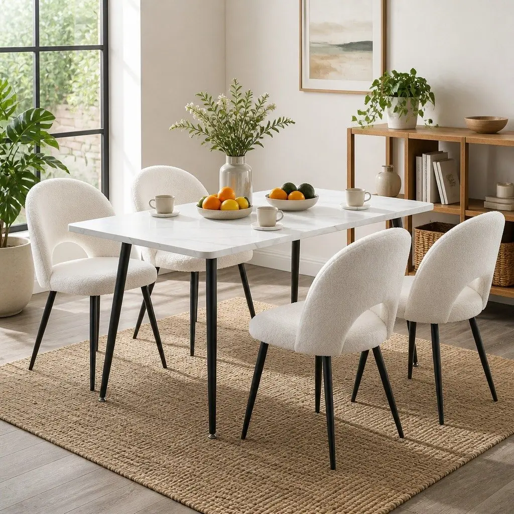 Dining Set Marble Effect MDF 5 Piece White Grey
