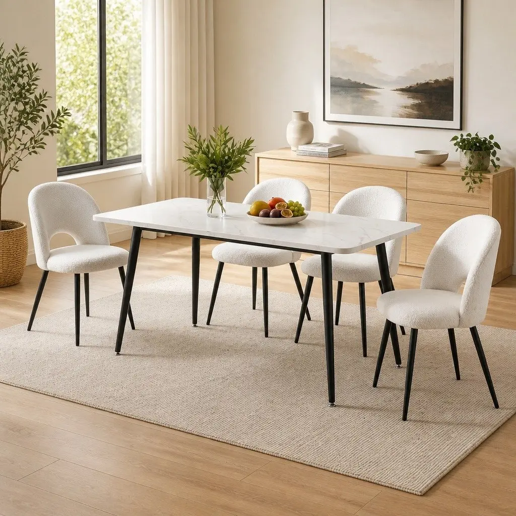 Dining Set Marble Effect MDF 5 Piece White Grey