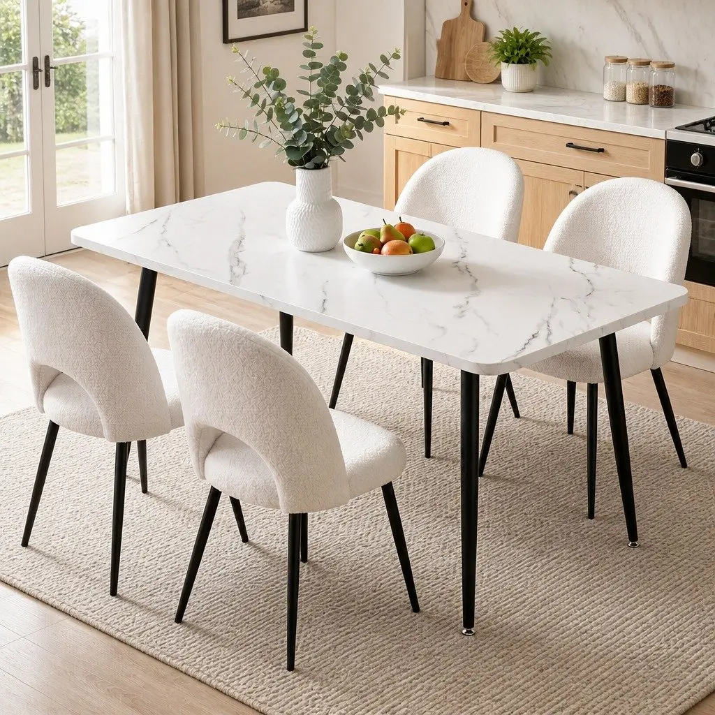 Dining Set Marble Effect MDF 5 Piece White Grey