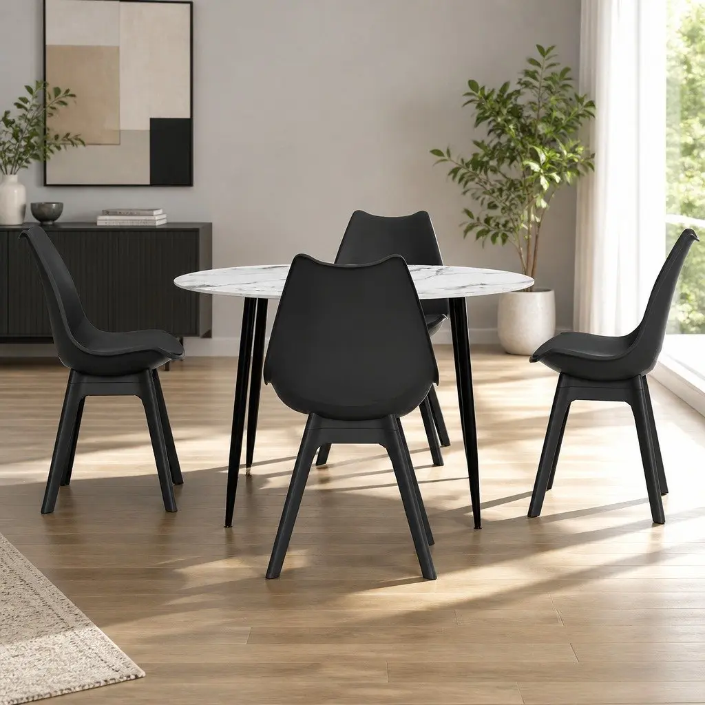 Round Marble Dining Table with 4 Industrial Chairs