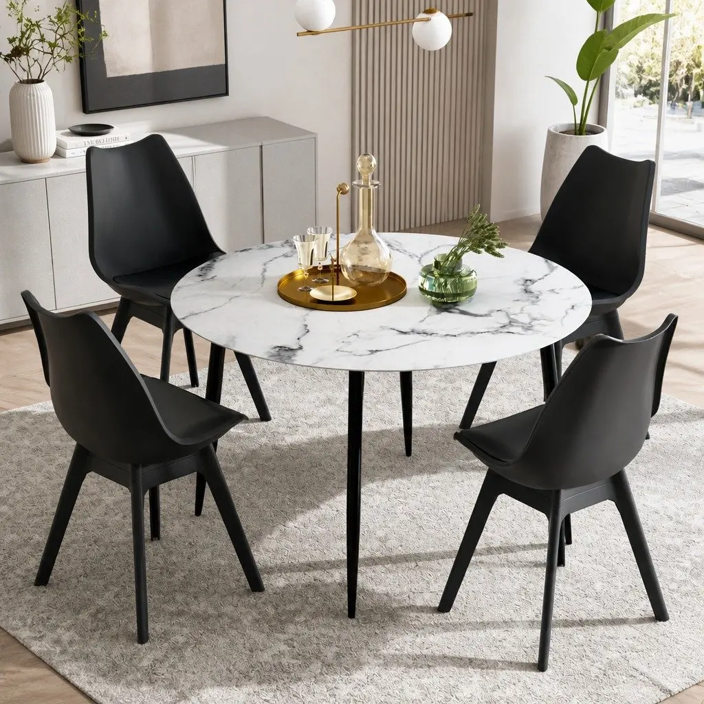 Round Marble Dining Table with 4 Industrial Chairs