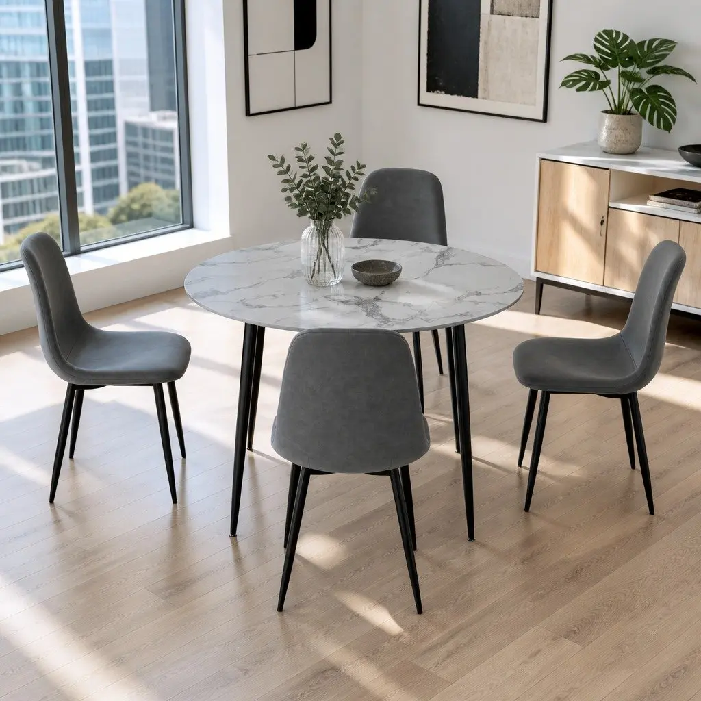 Round Marble Dining Table with 4 Industrial Chairs Set