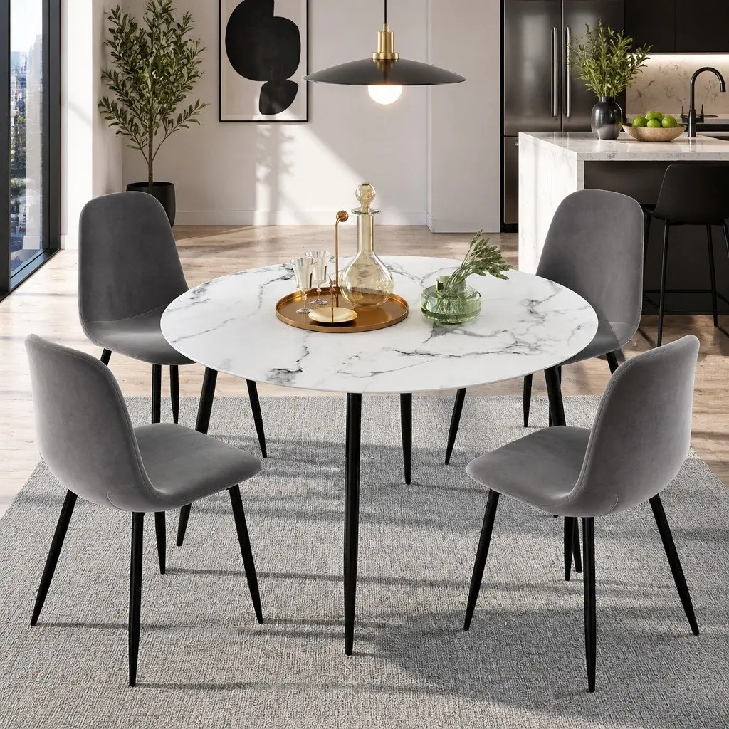 Round Marble Dining Table with 4 Industrial Chairs Set