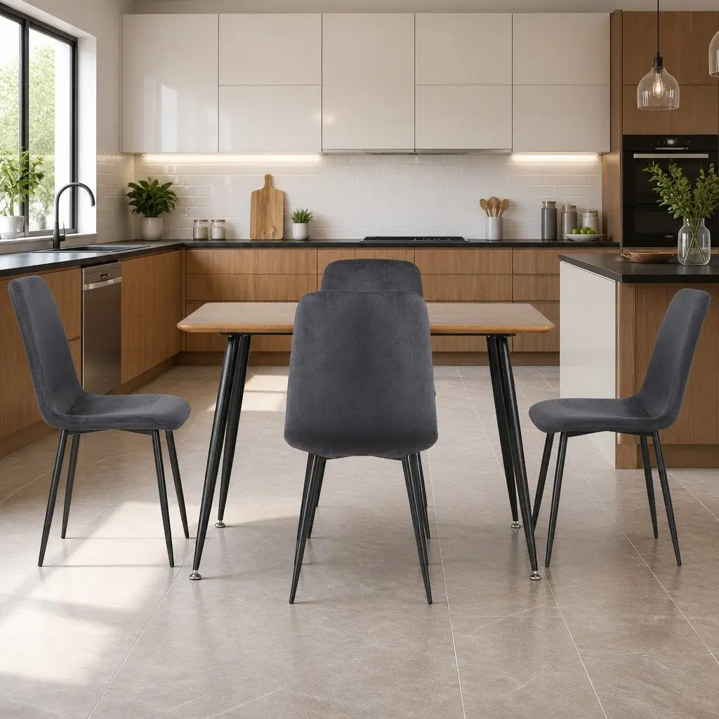 Dining Set MDF Wood Grain Table Steel Legs Velvet Chairs 4 Piece Grey