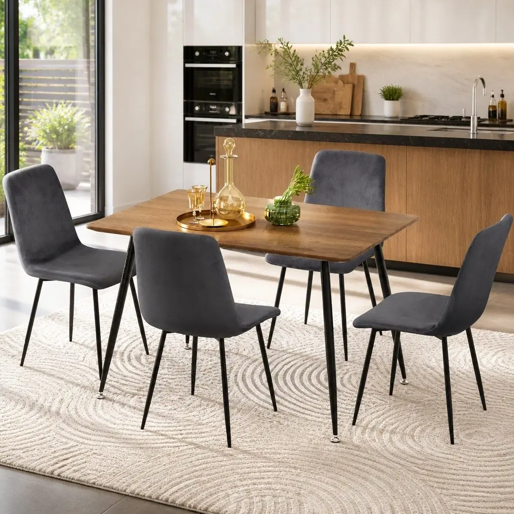 Dining Set MDF Wood Grain Table Steel Legs Velvet Chairs 4 Piece Grey