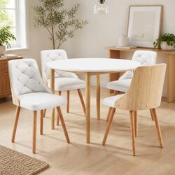 Dining Table and Chairs Set 5PCS Round 4 Seater White PU Leather Modern Kitchen