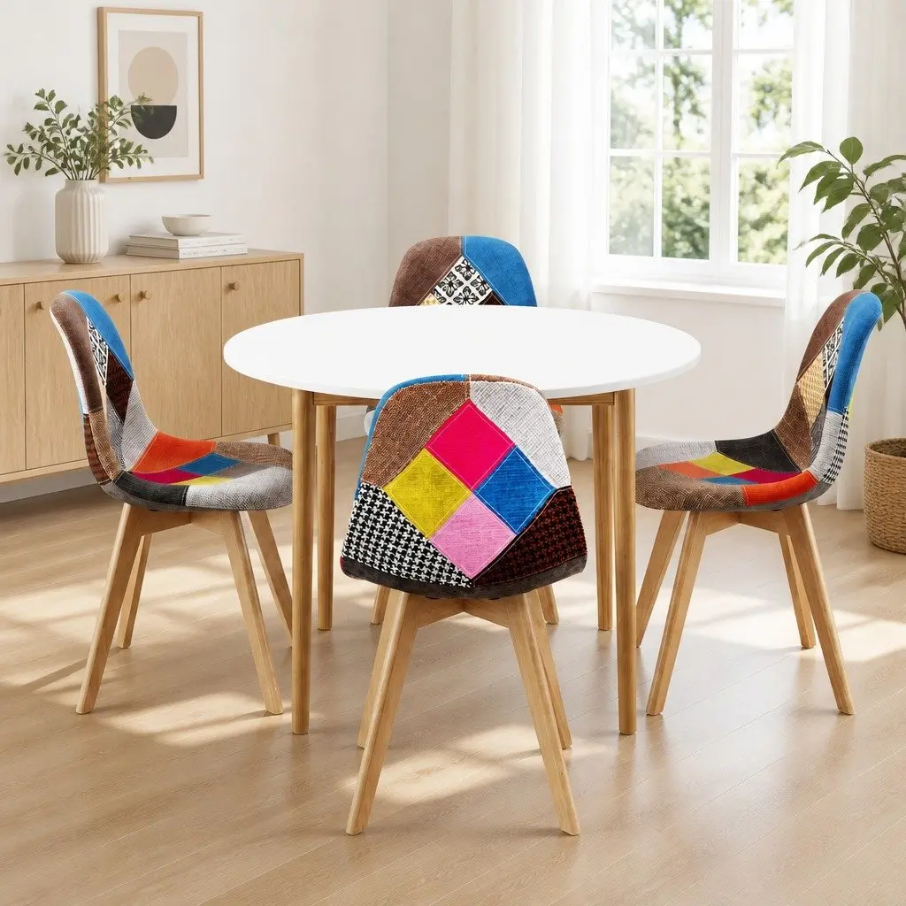 Round Dining Table MDF White 108cm Pine Wood Legs with 4 Fabric Eiffel Chairs Beech Wood Frame