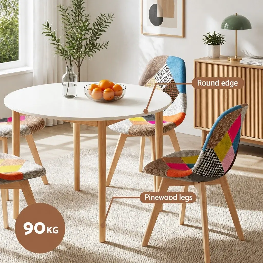 Round Dining Table MDF White 108cm Pine Wood Legs with 4 Fabric Eiffel Chairs Beech Wood Frame